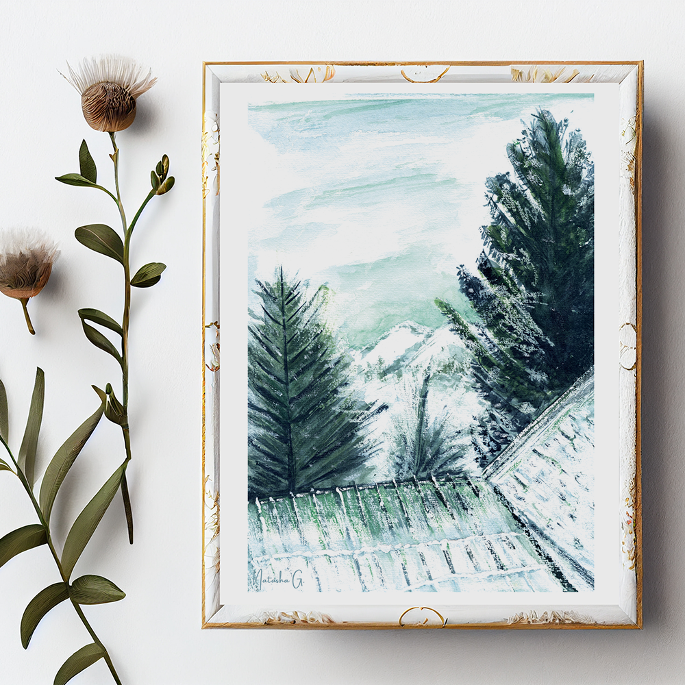 Illustration inspirée des paysages enneigés. Entre cimes majestueuses, sapins poudrés et toits givrés, cette œuvre capture la douceur et la poésie d’une saison où le temps semble suspendu. Appartient à Natasha Gonzalez et Boutique de Moments. 2025