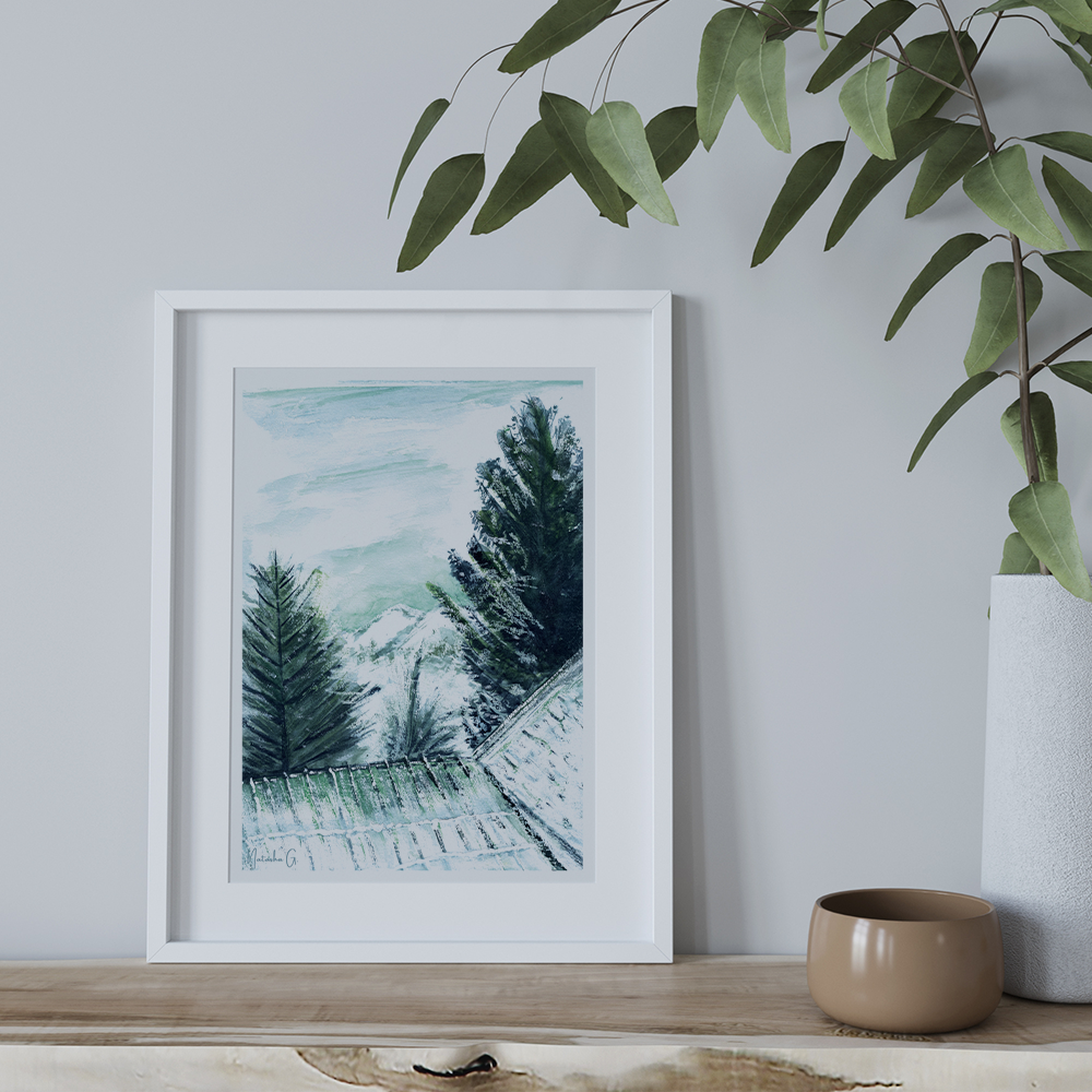 Illustration inspirée des paysages enneigés. Entre cimes majestueuses, sapins poudrés et toits givrés, cette œuvre capture la douceur et la poésie d’une saison où le temps semble suspendu. Appartient à Natasha Gonzalez et Boutique de Moments. 2025