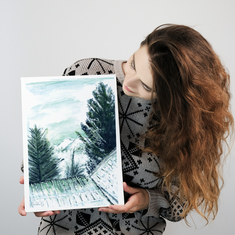 Illustration inspirée des paysages enneigés. Entre cimes majestueuses, sapins poudrés et toits givrés, cette œuvre capture la douceur et la poésie d’une saison où le temps semble suspendu. Appartient à Natasha Gonzalez et Boutique de Moments. 2025