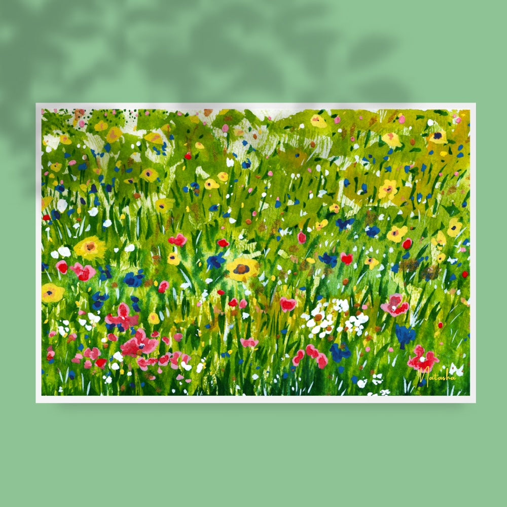 Illustration aquarelle d’un champ de fleurs sauvages multicolores, avec des coquelicots rouges, des marguerites blanches, des bleuets et des fleurs jaunes, sur un fond de verdure dense. L’ensemble évoque une scène printanière joyeuse et naturelle. Appartient à Boutique de Moments.