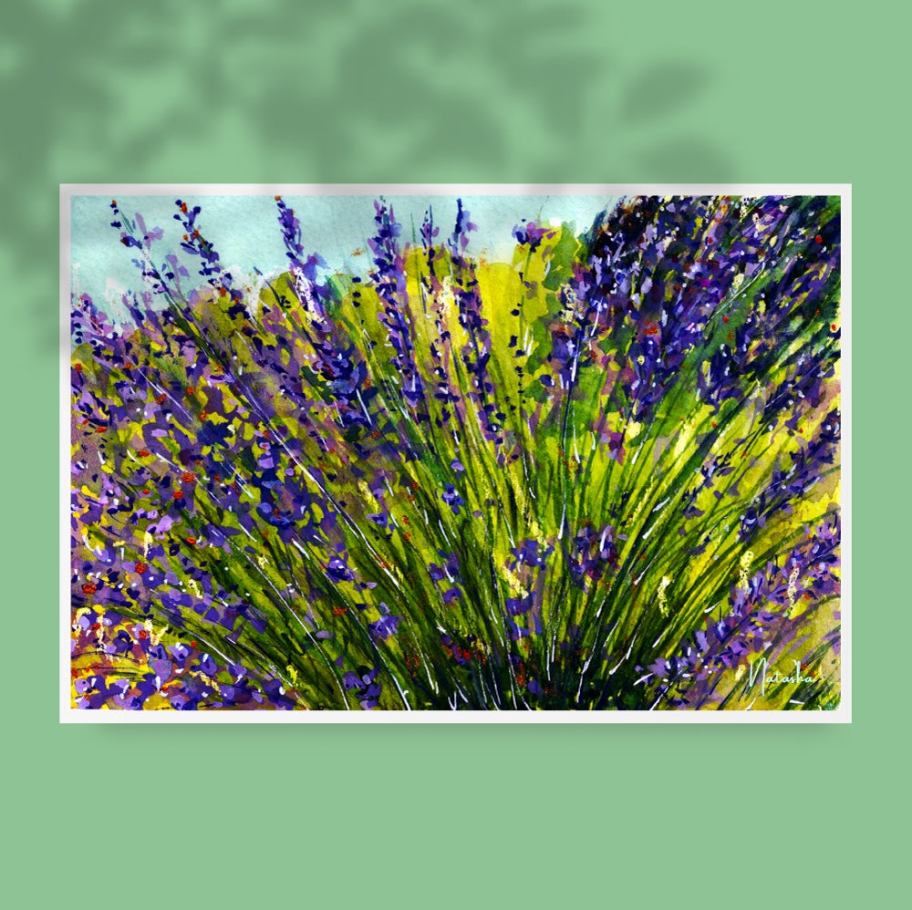Illustration aquarelle représentant un massif de lavande en fleurs, aux teintes violettes intenses et feuillage vert lumineux. L’arrière-plan mêle des touches de jaune et de bleu ciel, créant une ambiance estivale, joyeuse et parfumée. Appartient à Boutique de Moments.