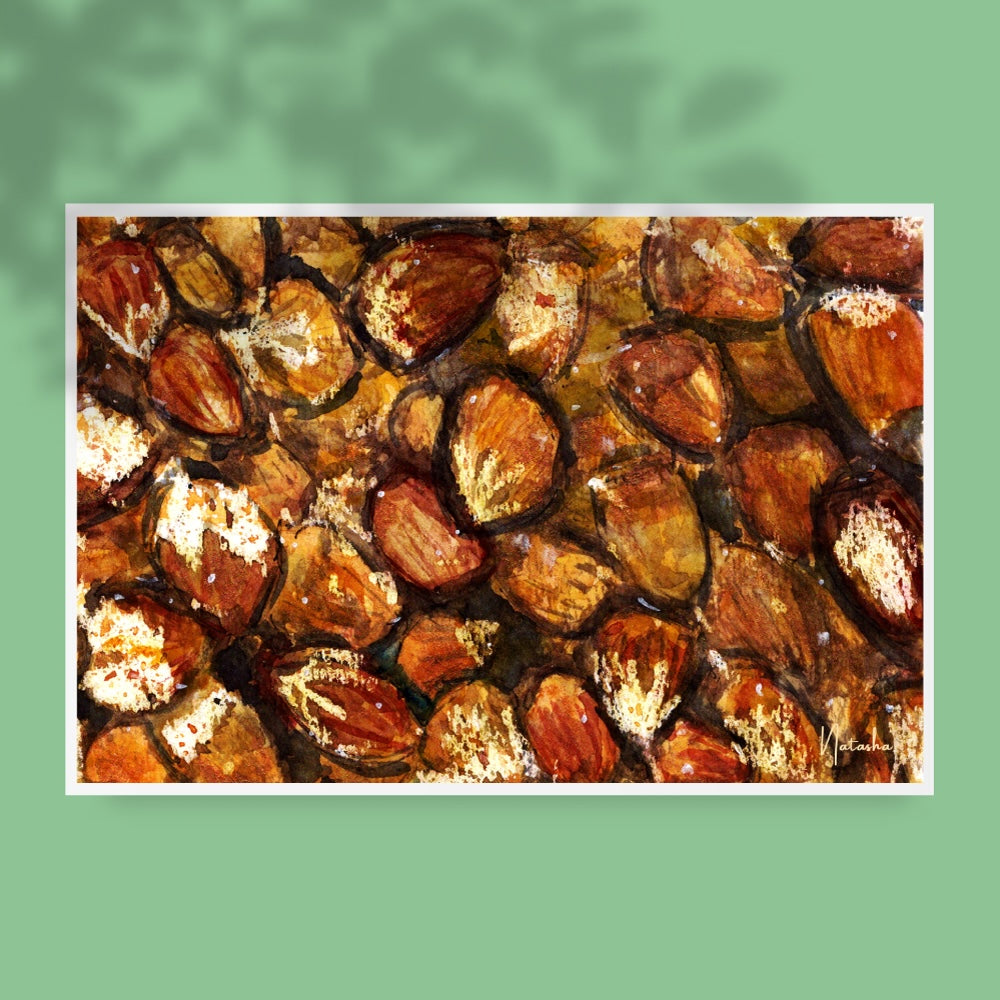 Illustration aquarelle représentant un amas de noisettes aux teintes chaudes de brun, ocre et beige. Les textures naturelles et les nuances riches créent une ambiance automnale, chaleureuse et authentique. Appartient à Boutique de Moments.
