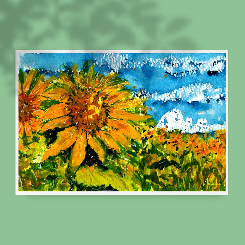 Illustration aquarelle représentant de grands tournesols aux pétales jaunes éclatants et feuillage vert, sous un ciel bleu vif parsemé de nuages blancs. La composition évoque la chaleur, la lumière et la joie d’un champ ensoleillé. Appartient à Boutique de Moments.