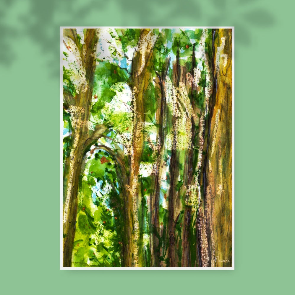 Illustration à l’aquarelle représentant une forêt dense aux troncs élancés et feuillages verts, baignée de lumière naturelle. Appartient à Boutique de Moments.