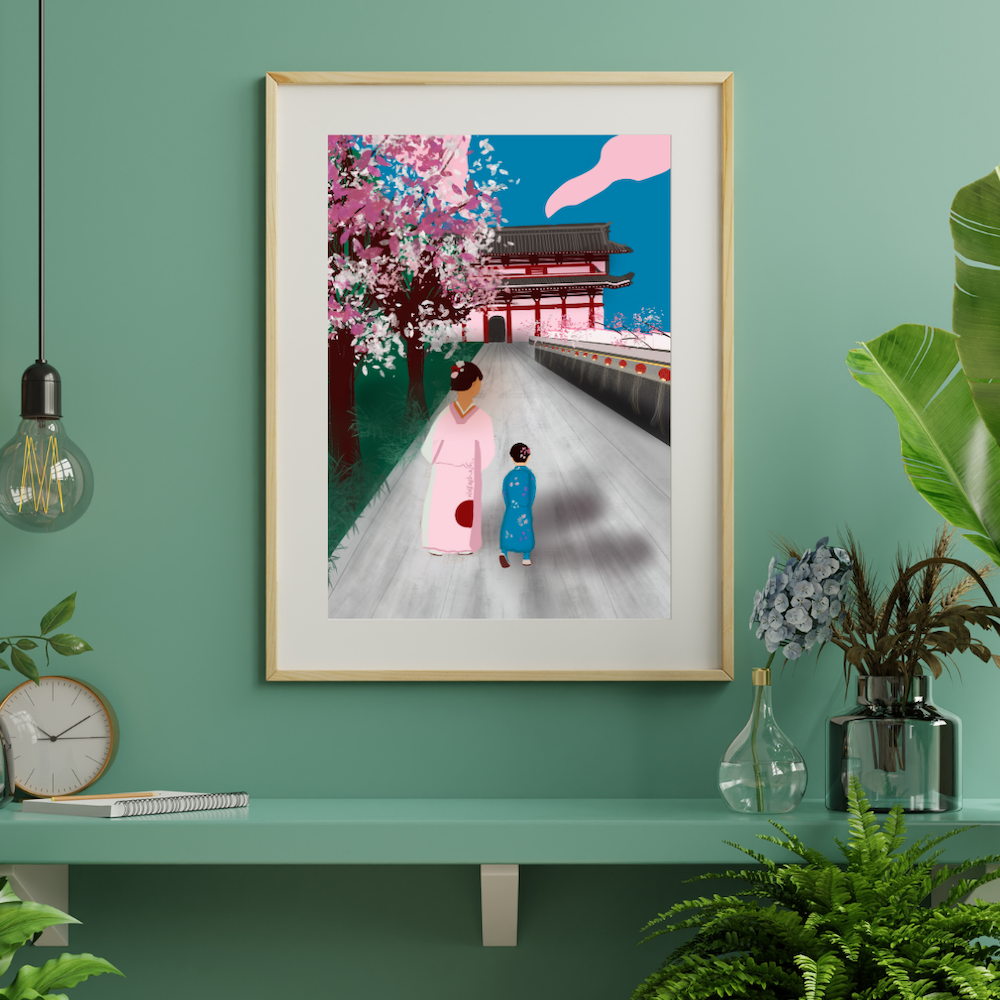 Illustration artistique représentant une femme et une enfant en kimono marchant sur une allée bordée de cerisiers en fleurs, en direction d'un temple japonais traditionnel. Des fleurs de cerisier décorent également les coins de l'image, créant une ambiance printanière et sereine. Appartient à Boutique de Moments.