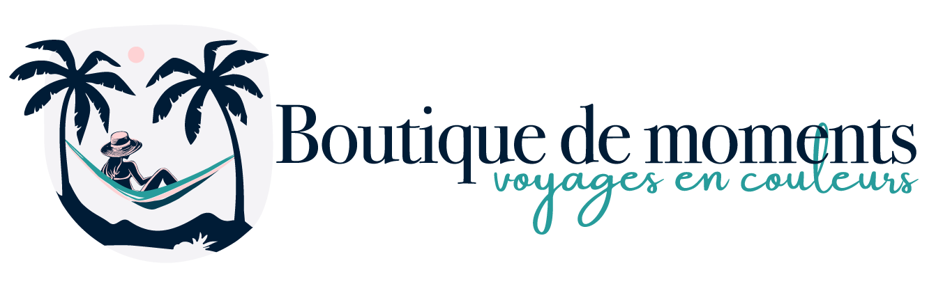Logo de Boutique de Moments avec une l'image d'une femme assise sur un hamac contemplant l'horizon, le tout entouré de deux palmiers.