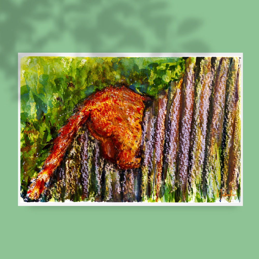 Illustration aquarelle représentant un chat roux vu de dos, passant la tête entre les planches d’une barrière en bois, avec un fond de verdure. Les textures riches et les couleurs chaudes évoquent la curiosité et la tranquillité d’une scène de nature. Appartient à Boutique de Moments. 