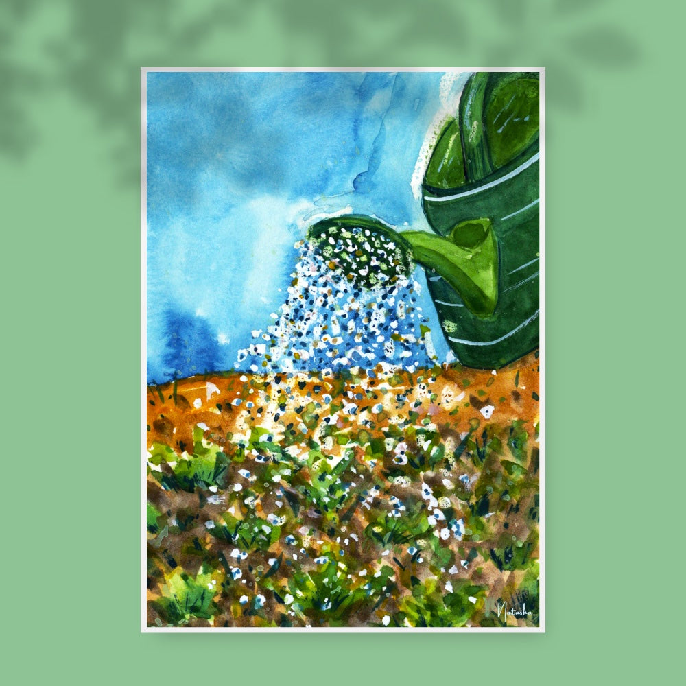 Illustration à l’aquarelle d’un arrosoir vert versant de l’eau sur un jardin, avec un ciel bleu en arrière-plan et une terre brun orangé parsemée de jeunes pousses. Appartient à Boutique de Moments.